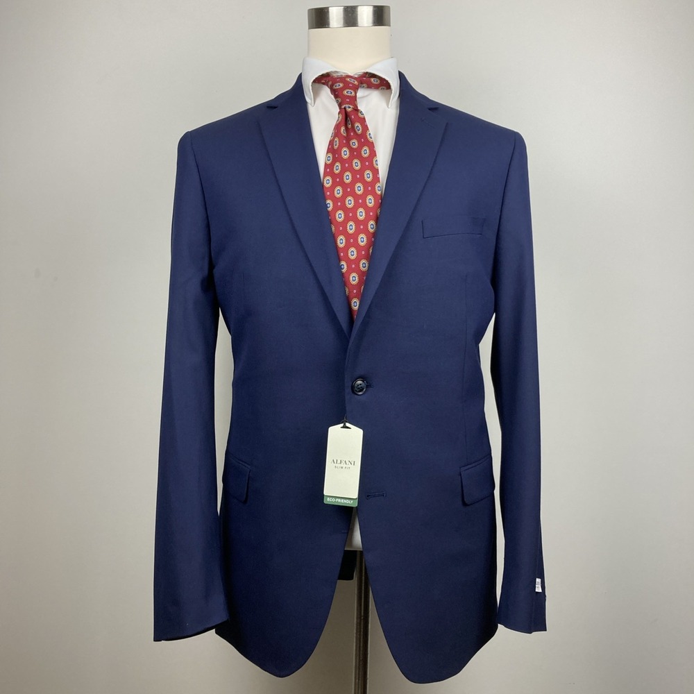 Alfani Mens Slim fit Suit Jacket Blazer 44 L Navy Blue Solid Stretch